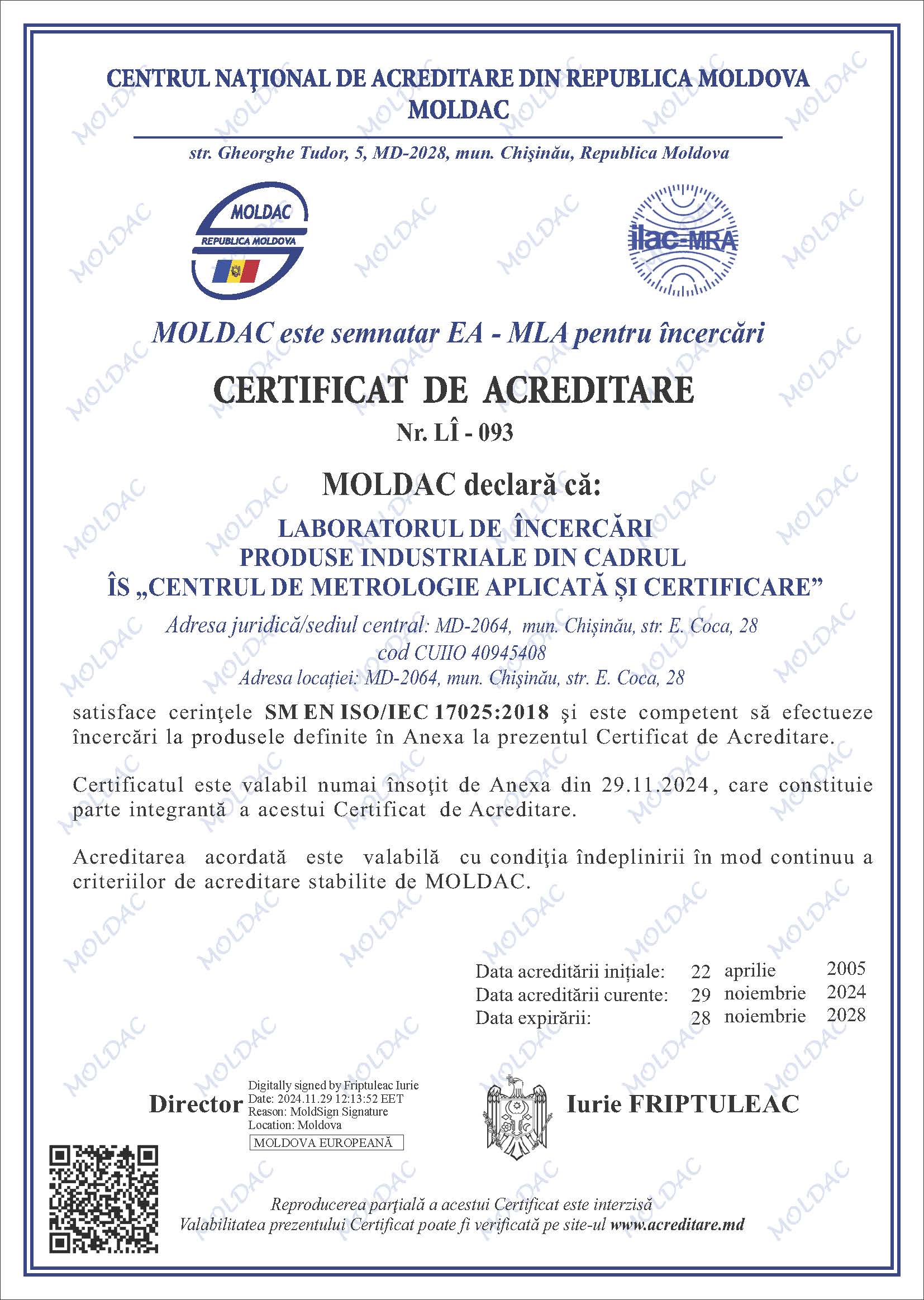 Certificat de acreditare pentru Laboratorul de Încercări Produse Industriale (LÎPI)